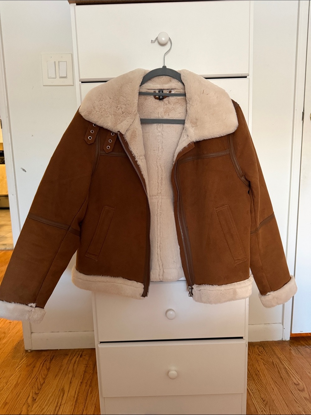 H&M aviator Brown Shearling Lined Bomber Jacket - Cream Fur Trim